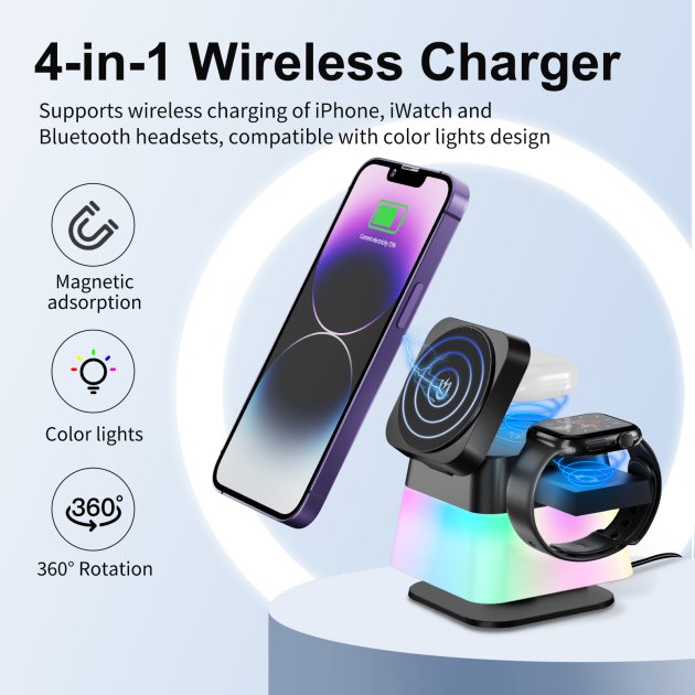 4 In 1 Rotatable Colorful Lighting Wireless Charger Stand For Phone 17 16 15 14 Pro Max Holder Magnetic Fast Charging Station
